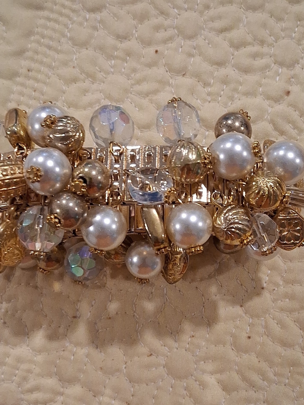 Goldtone Faux  Pearl & Charms Stretch Cha Cha Statement Bracelet